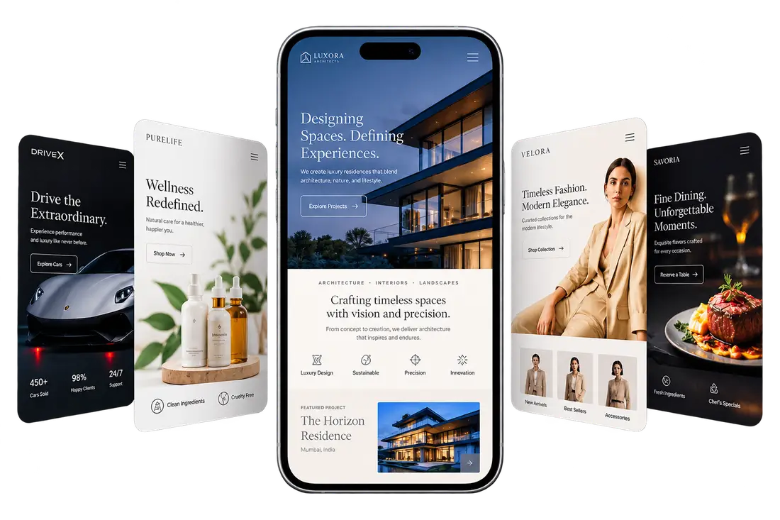 Premium website designs across architecture, fashion, wellness, automotive and dining